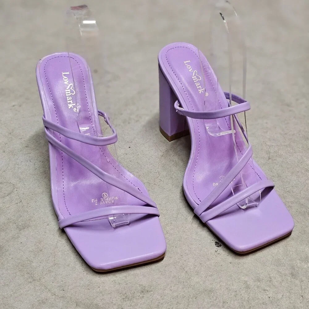Purple Block Heel Sandals With Strappy Design Open Toe For Women